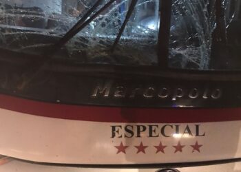 COLECTIVO CHOCO CABALLO EN RUTA 46. NO HUBO PASAJEROS HERIDOS.