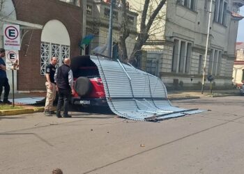 UN TECHO COMPLETO VOLO FRENTE A LA COMISARIA Y CAYO SOBRE UN AUTO
