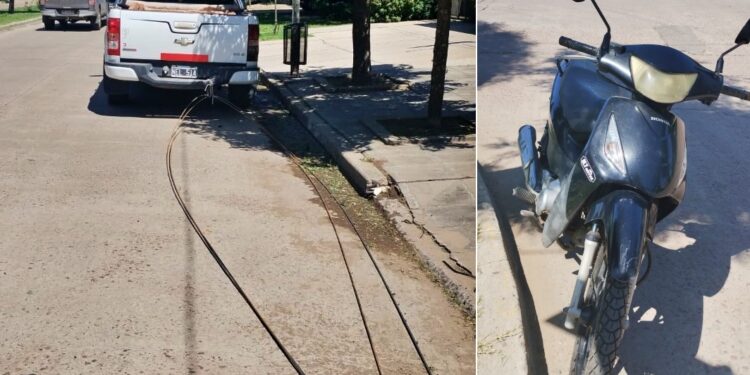 CAMIONETA ARRASTRABA BARRAS DE HIERRO Y UNA MUJER EN MOTO SUFRIO UN ACCIDENTE