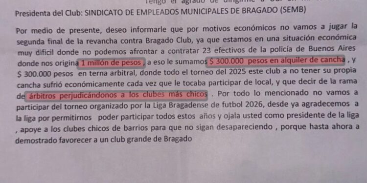 EL SEMB SE PLANTO Y NO SIGUE EN LA DISPUTA POR EL TITULO DEL FUTBOL DE BRAGADO